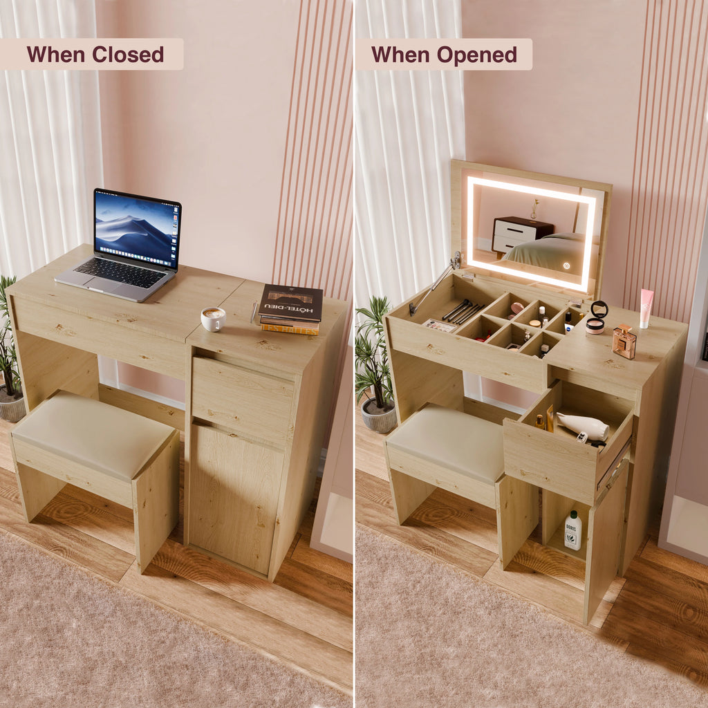 Petite coiffeuse avec miroir, éclairage et tabouret