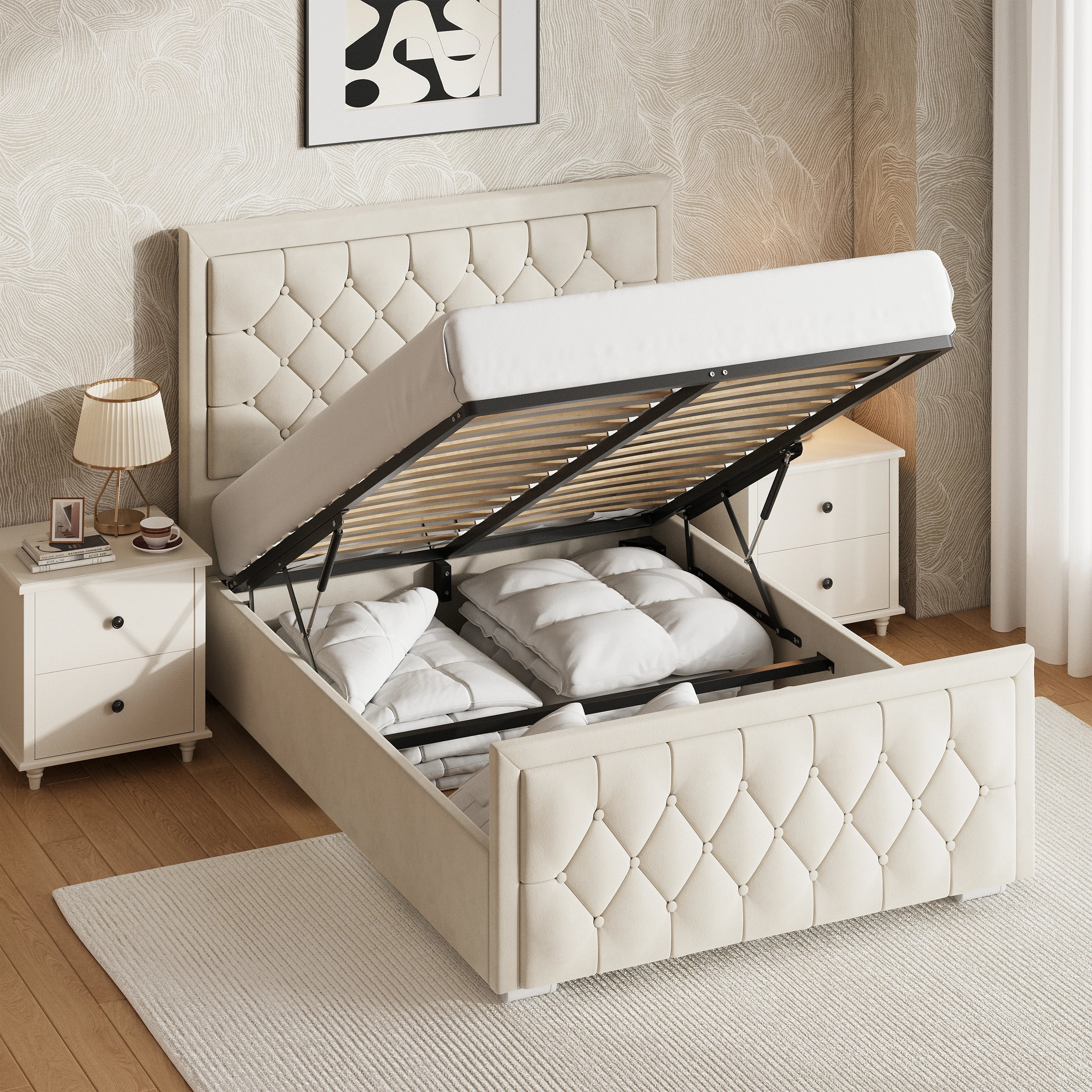 Lit coffre ottoman à dossier croisé - Cadre de lit ottoman en velours