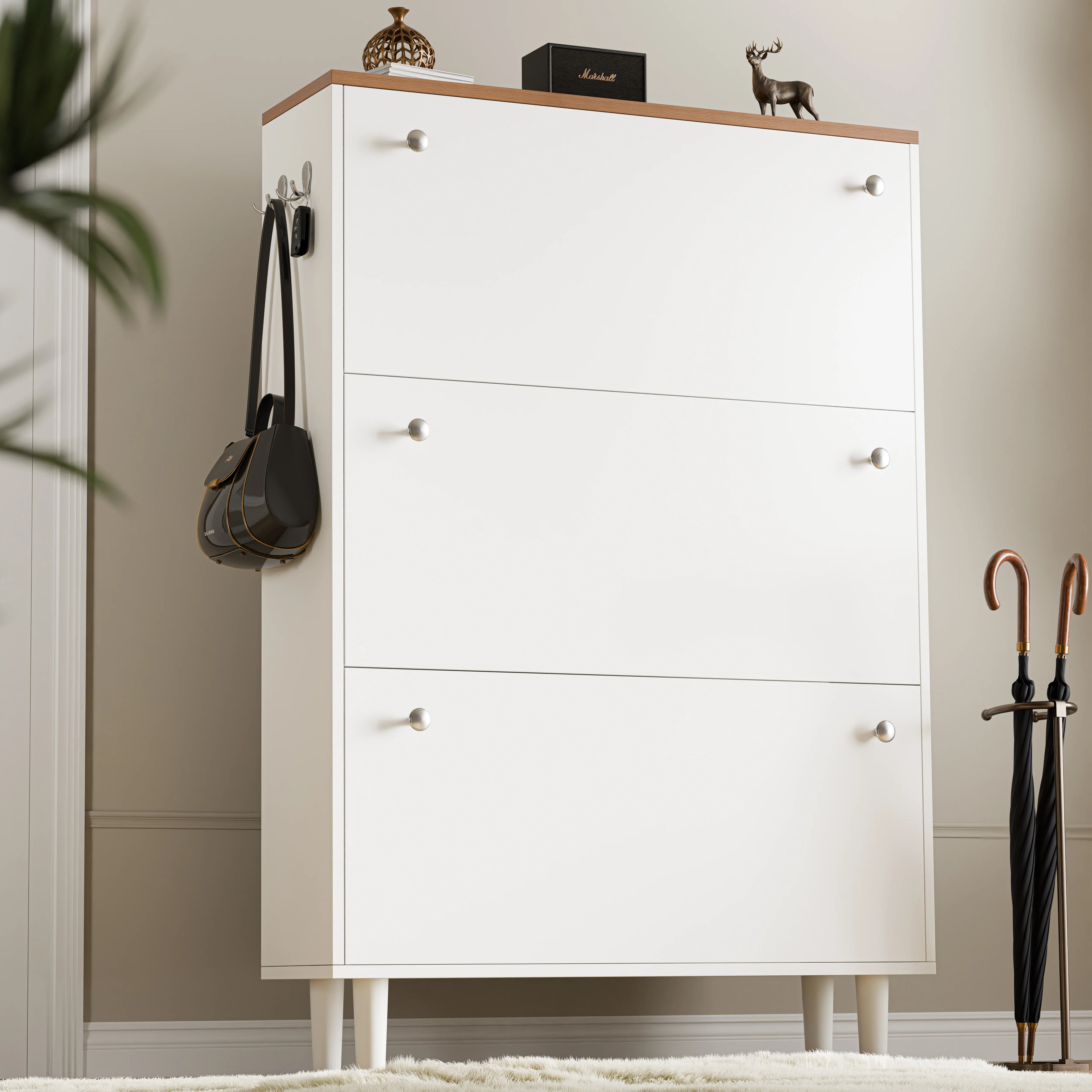 Meuble à chaussures étroit à 3 portes | Rangement à chaussures haut avec crochets