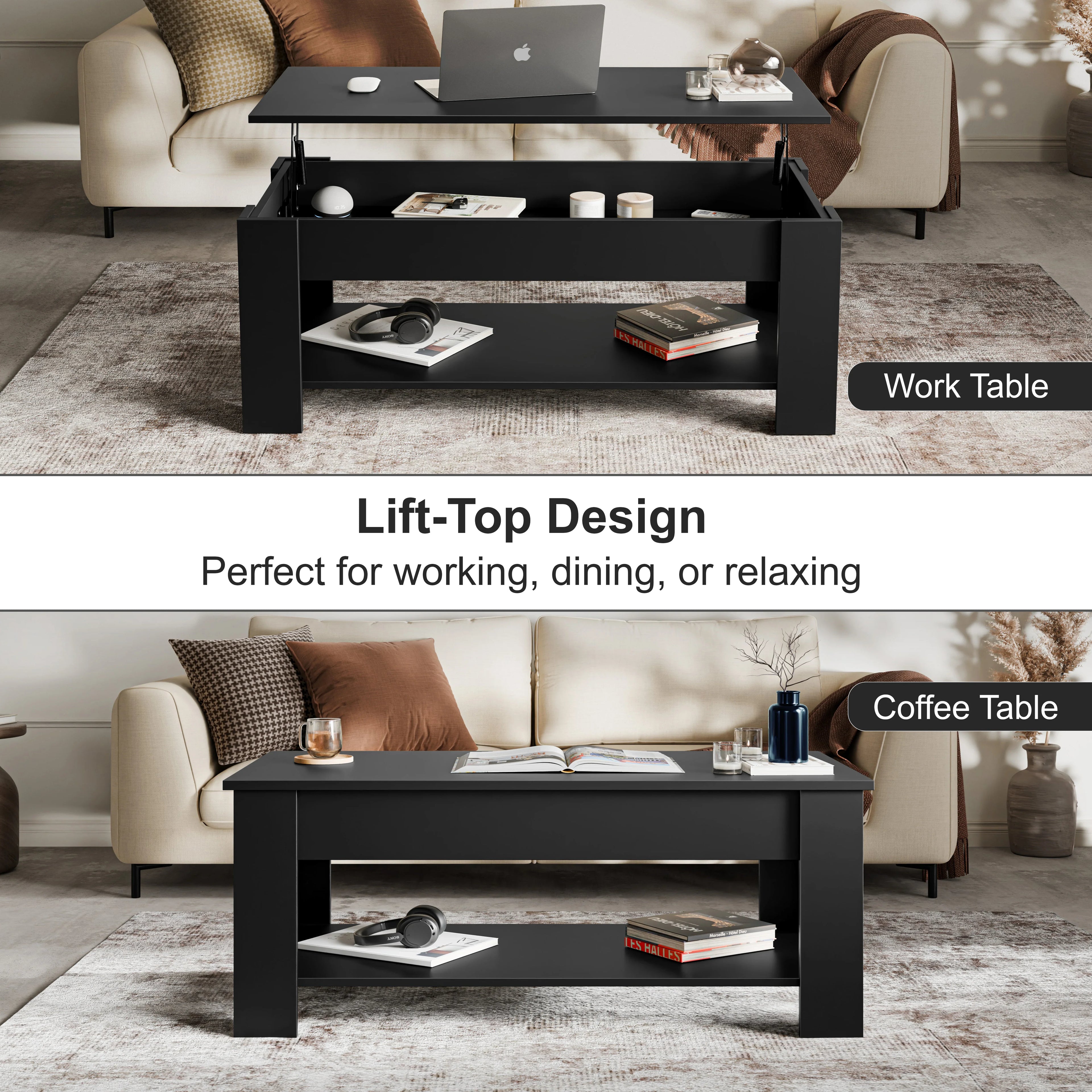 Table basse de rangement avec plateau relevable | Table basse moderne relevable de 120 cm de large