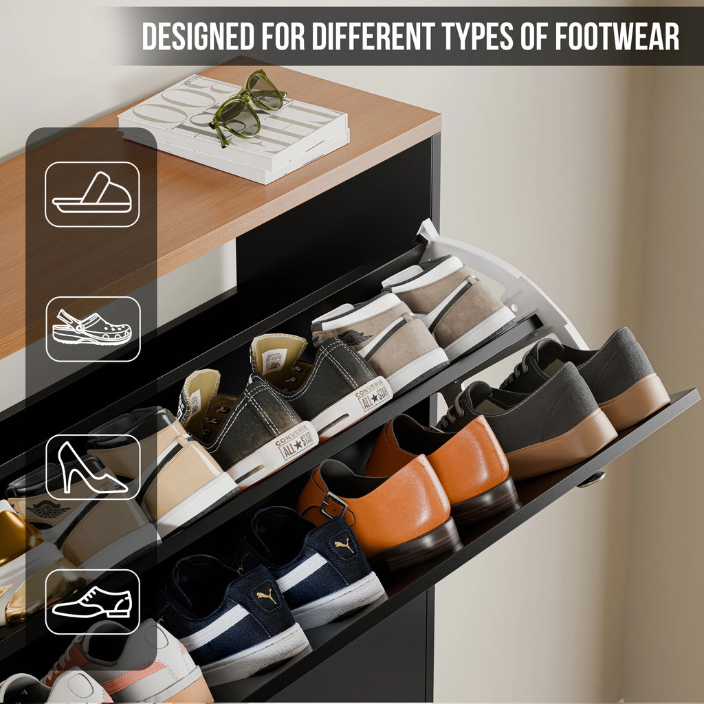 Meuble à chaussures étroit à 3 portes | Rangement à chaussures haut avec crochets