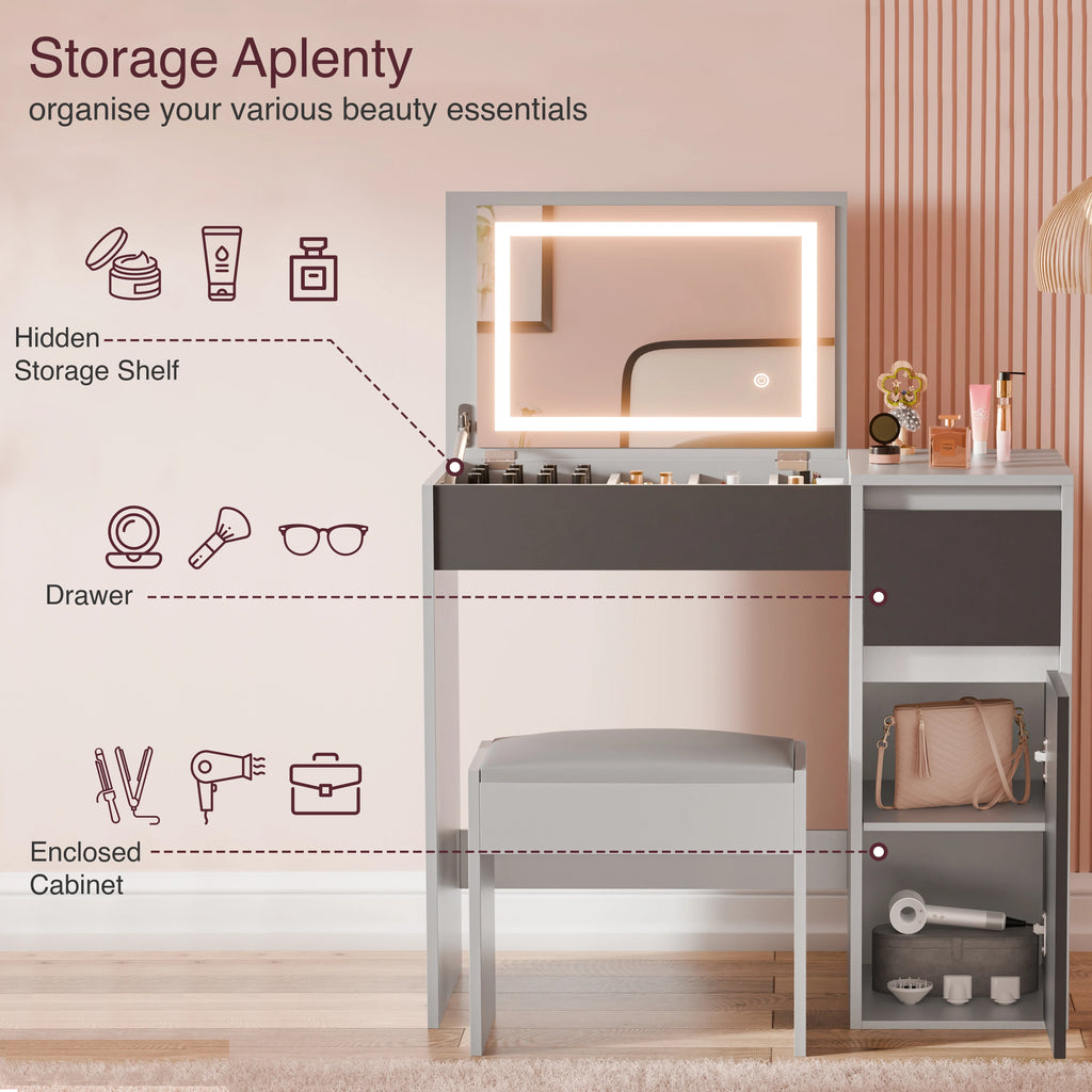 Petite coiffeuse avec miroir, éclairage et tabouret