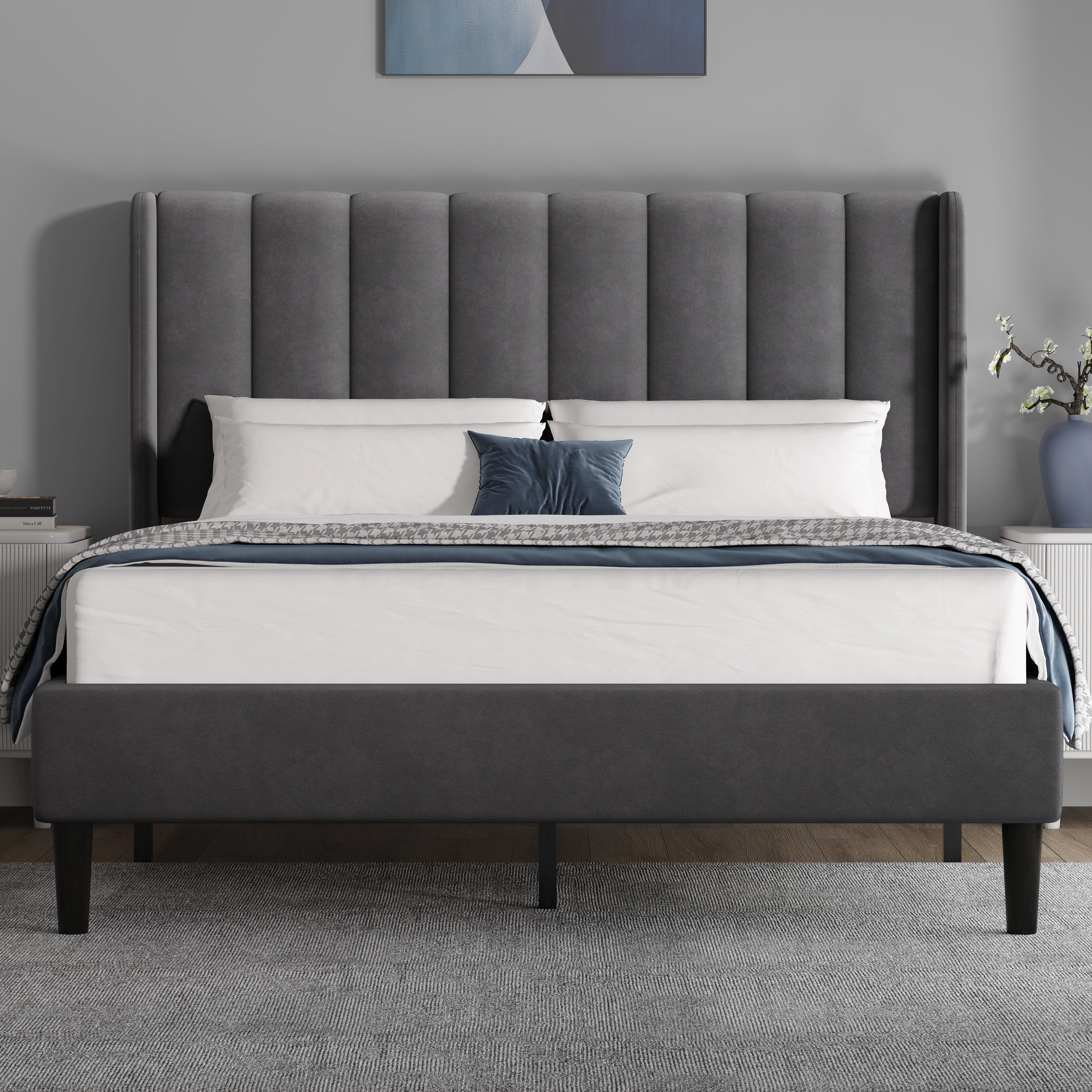 Vertical Line Velvet Upholstered Bed Frame Double & King Sizes
