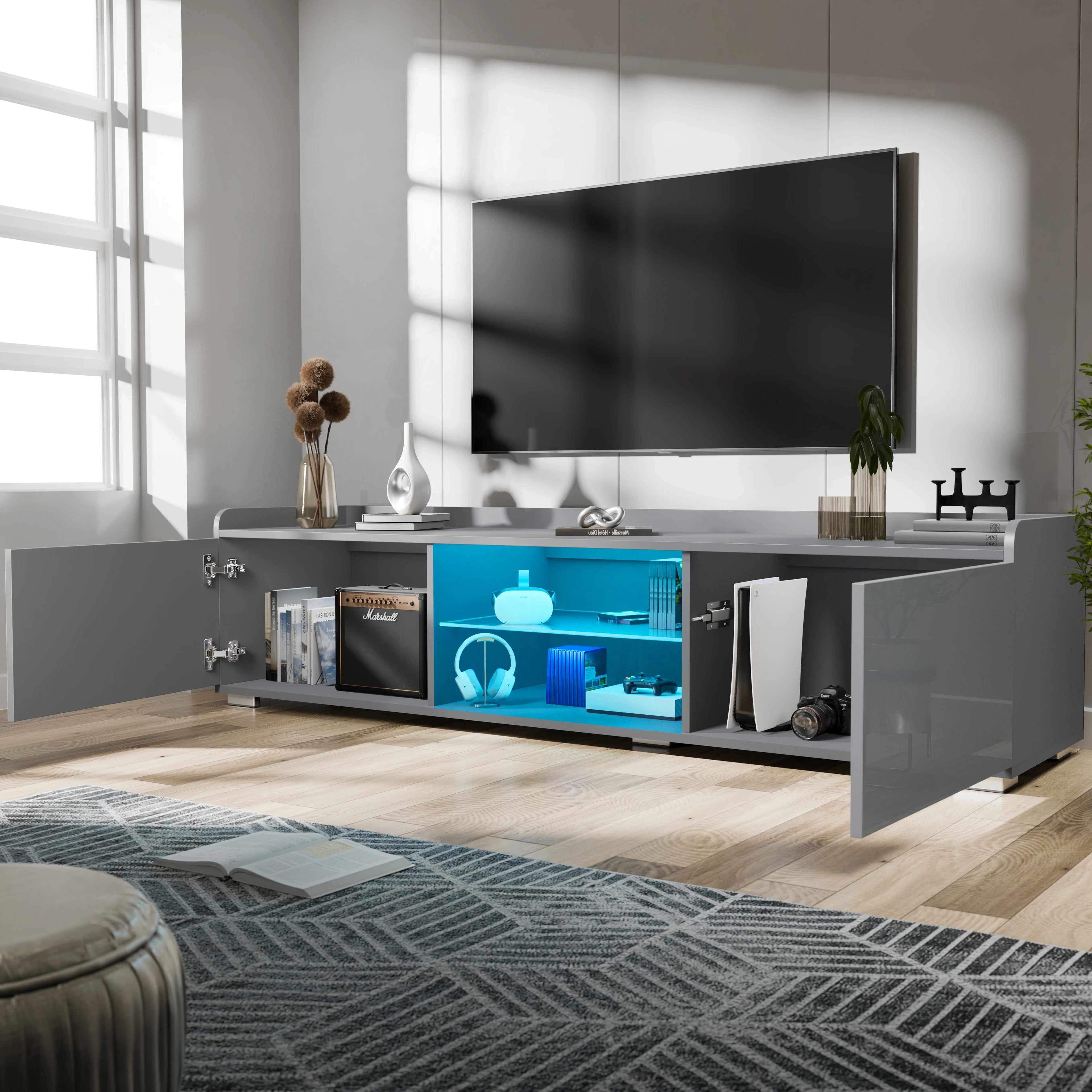 High Gloss TV Unit With LED Lights & 2 Door Storage Cabinets - 160cm
