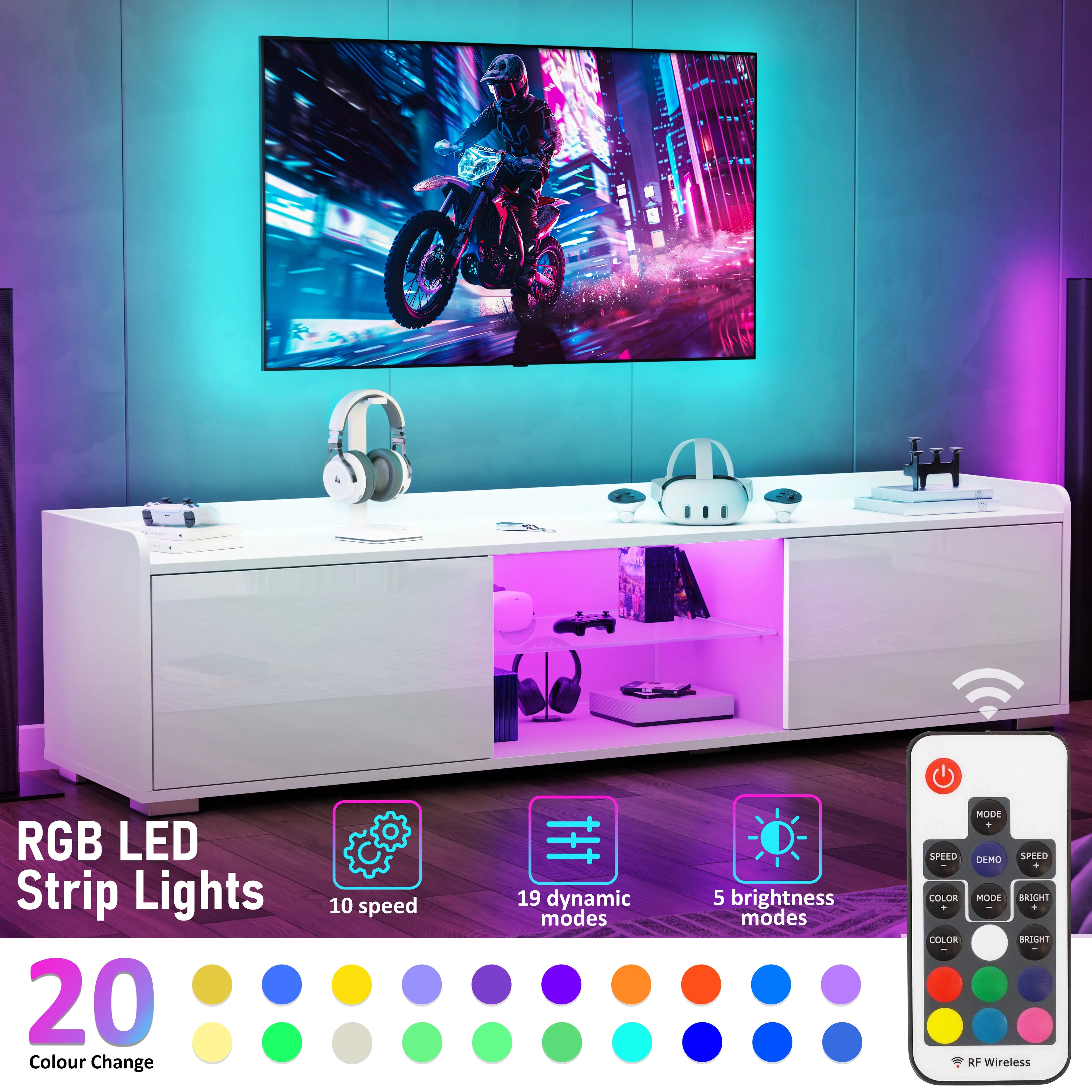 High Gloss TV Unit With LED Lights & 2 Door Storage Cabinets - 160cm
