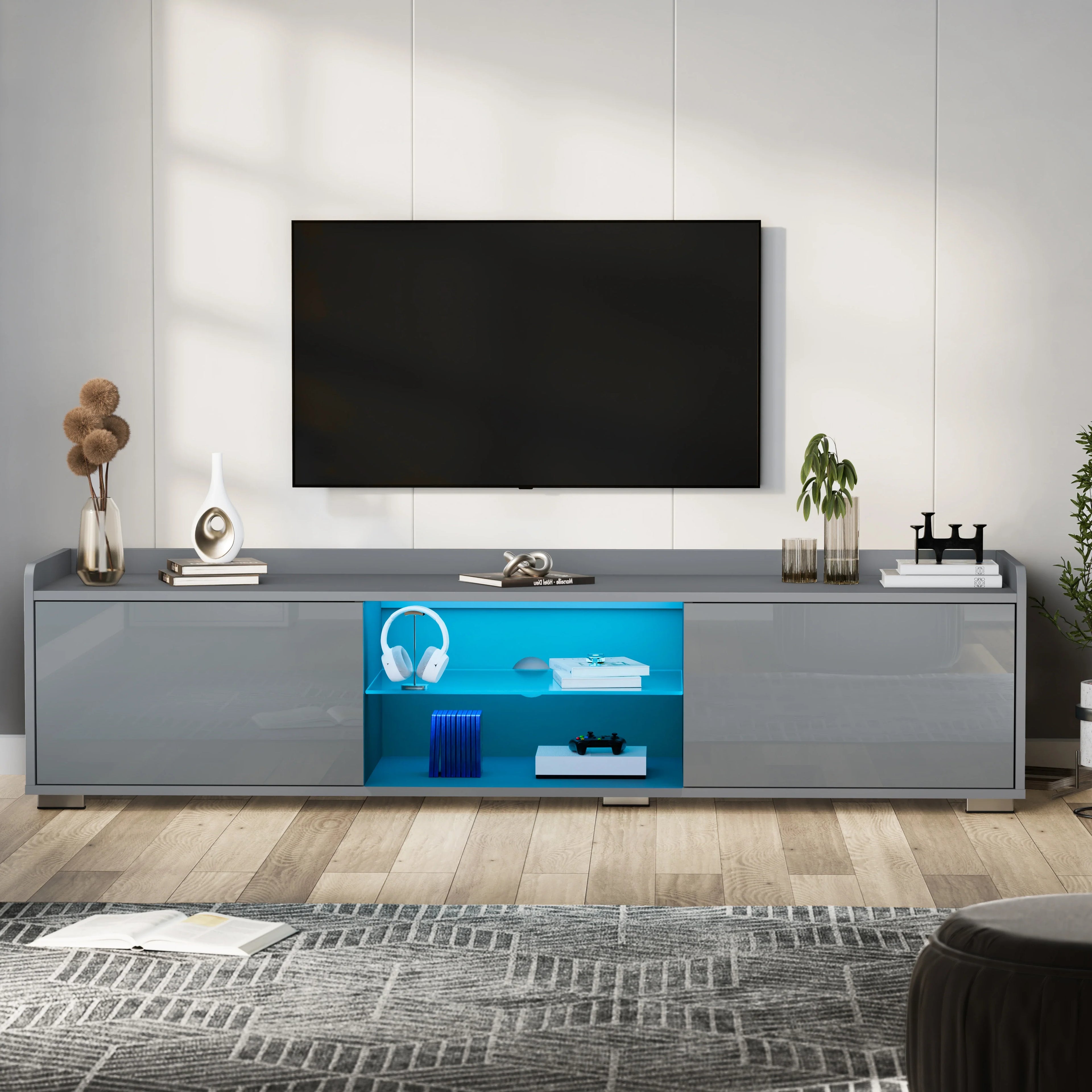 High Gloss TV Unit With LED Lights & 2 Door Storage Cabinets - 160cm
