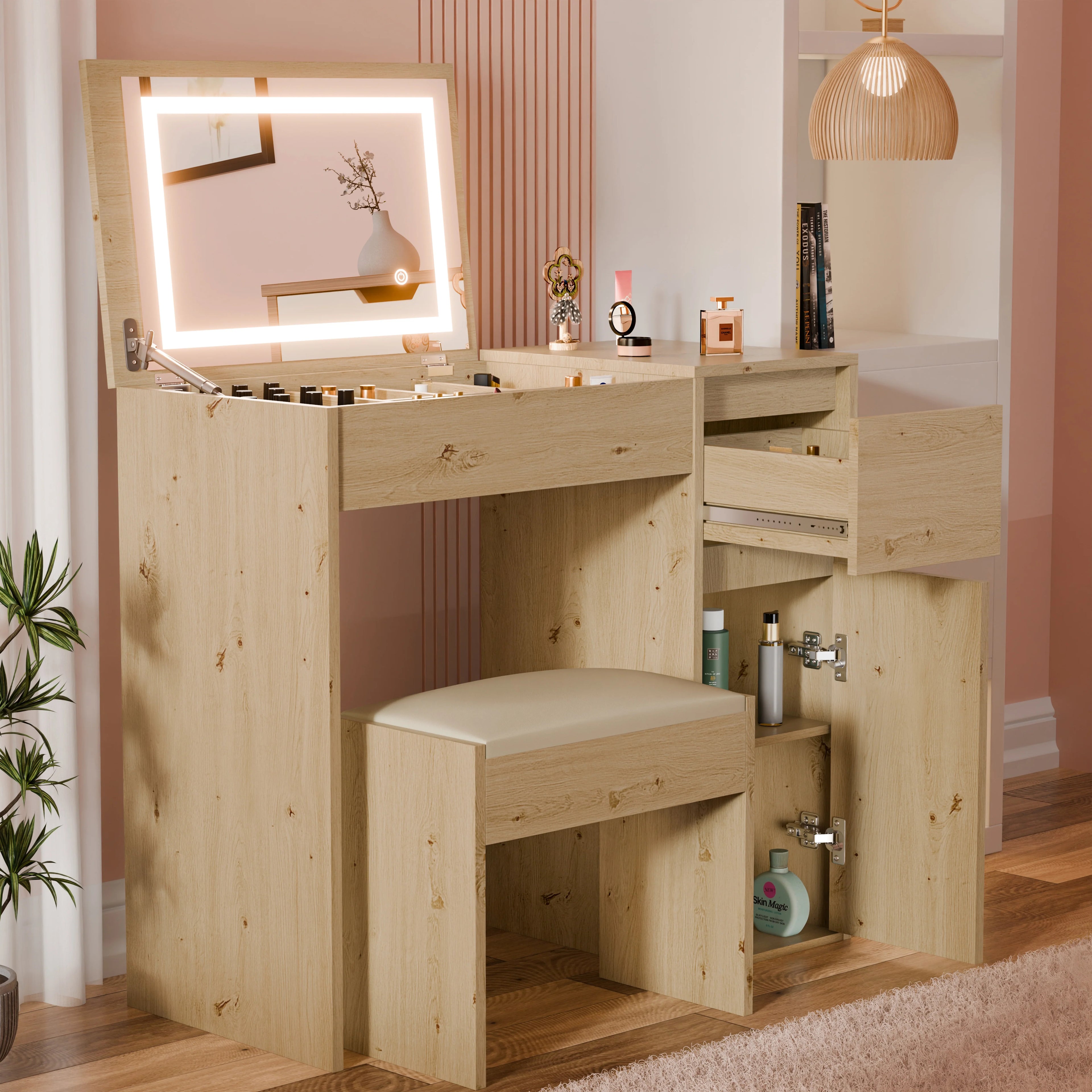 Small Dressing Table with Mirror and Lights, Stool -Makeup Vanity Desk