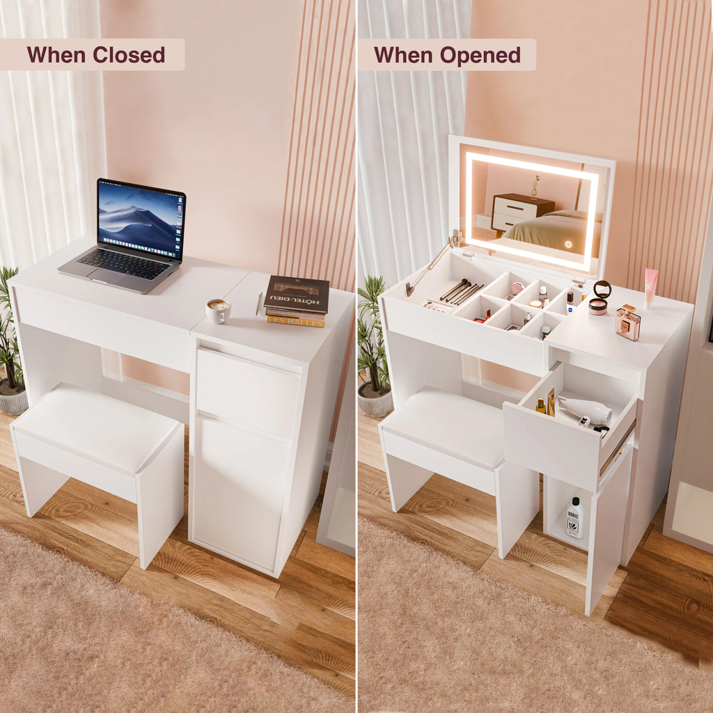 Petite coiffeuse avec miroir, éclairage et tabouret