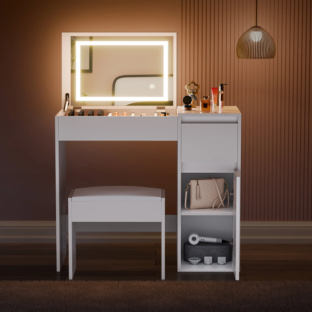 Petite coiffeuse avec miroir, éclairage et tabouret