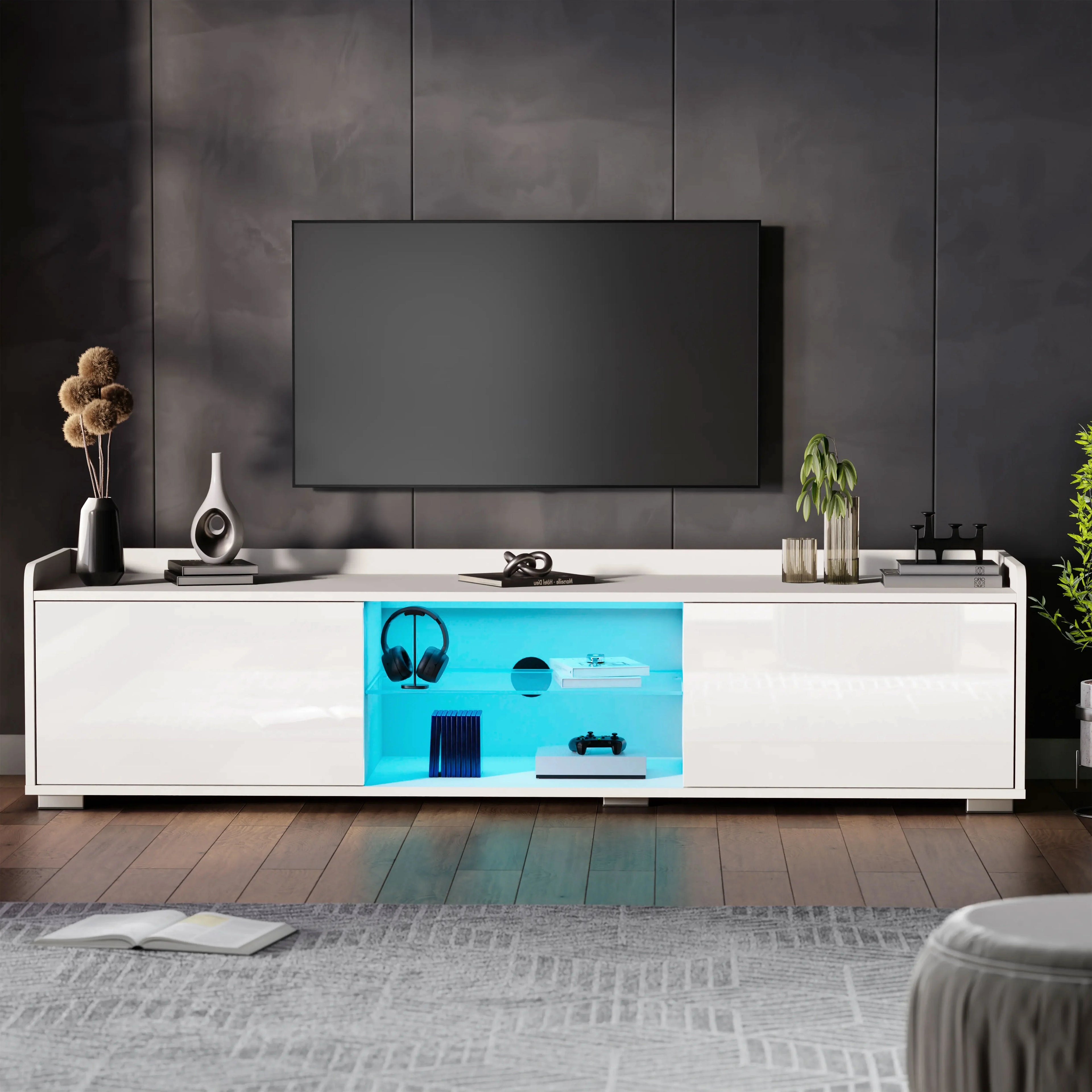 High Gloss TV Unit With LED Lights & 2 Door Storage Cabinets - 160cm
