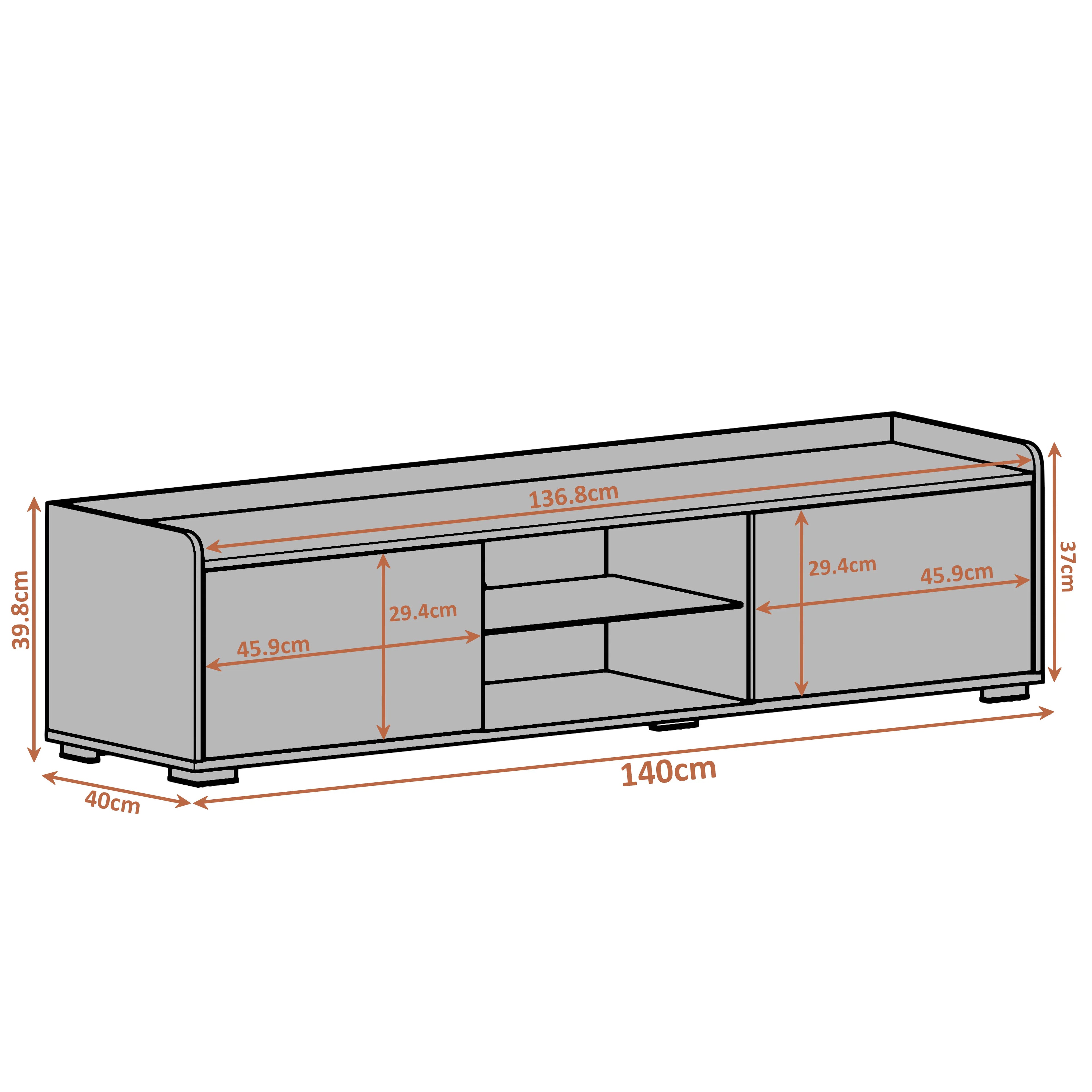 High Gloss LED TV Unit with Storage - Living Room TV Cabinet 140cm