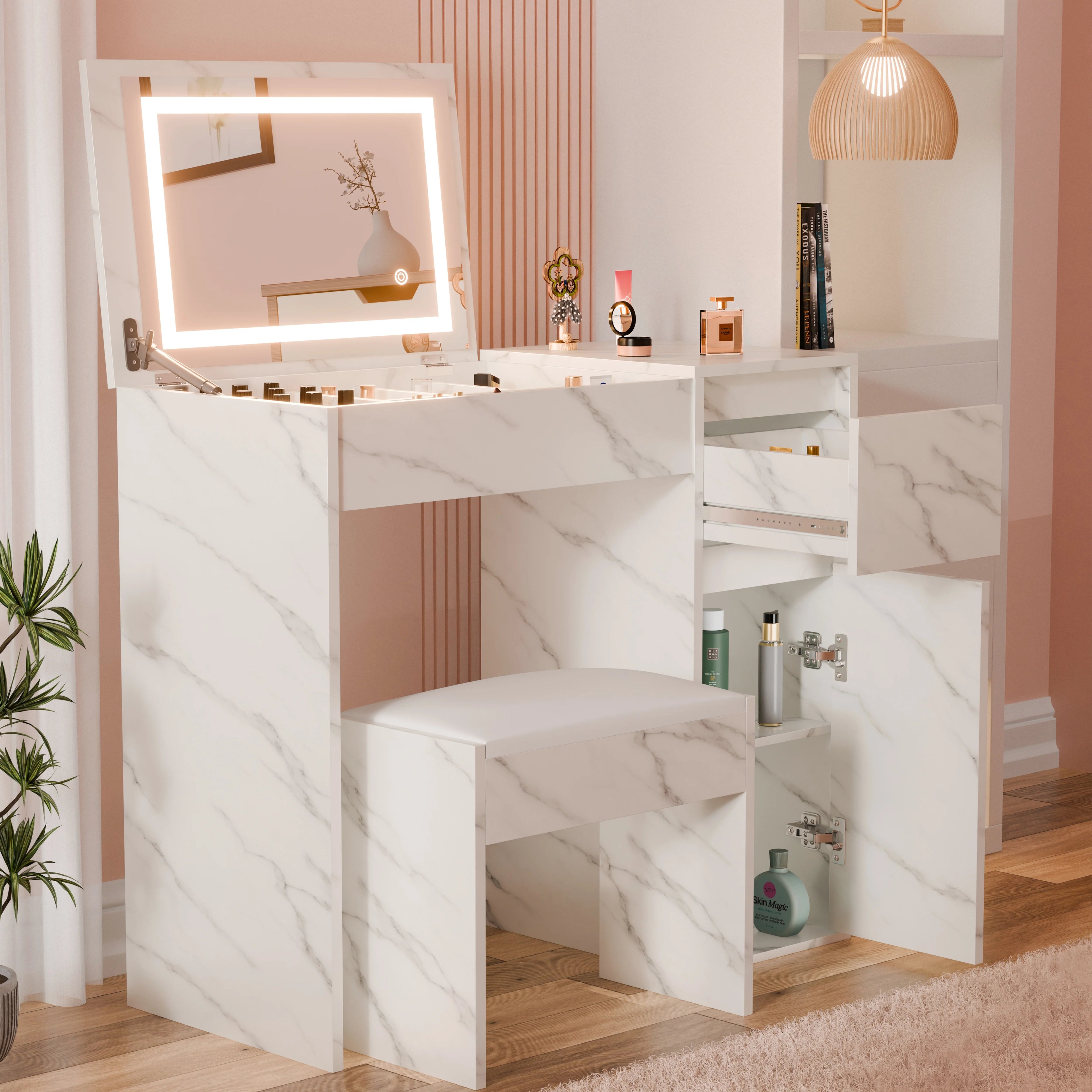 Small Dressing Table with Mirror and Lights, Stool -Makeup Vanity Desk