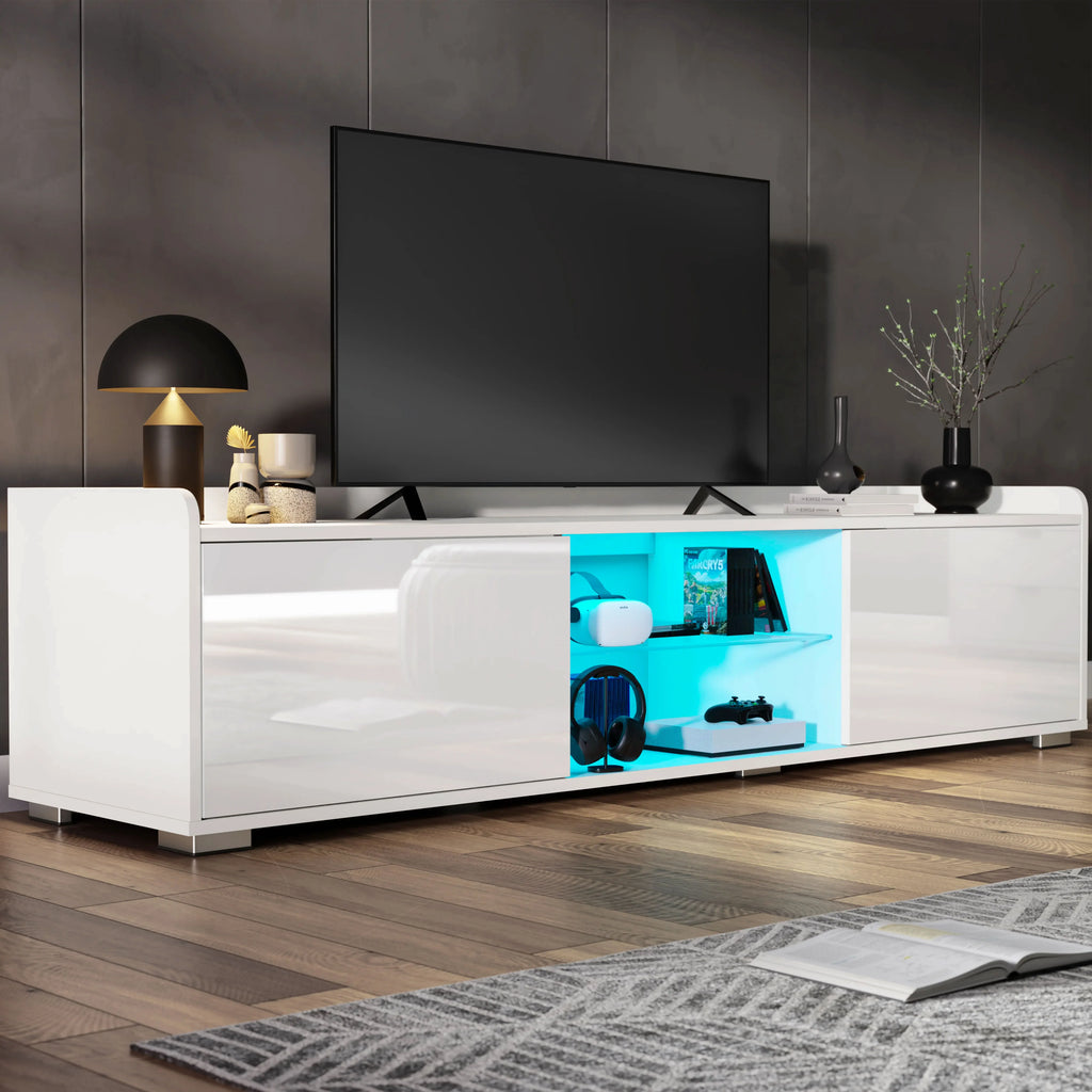 High Gloss TV Unit With LED Lights & 2 Door Storage Cabinets - 160cm