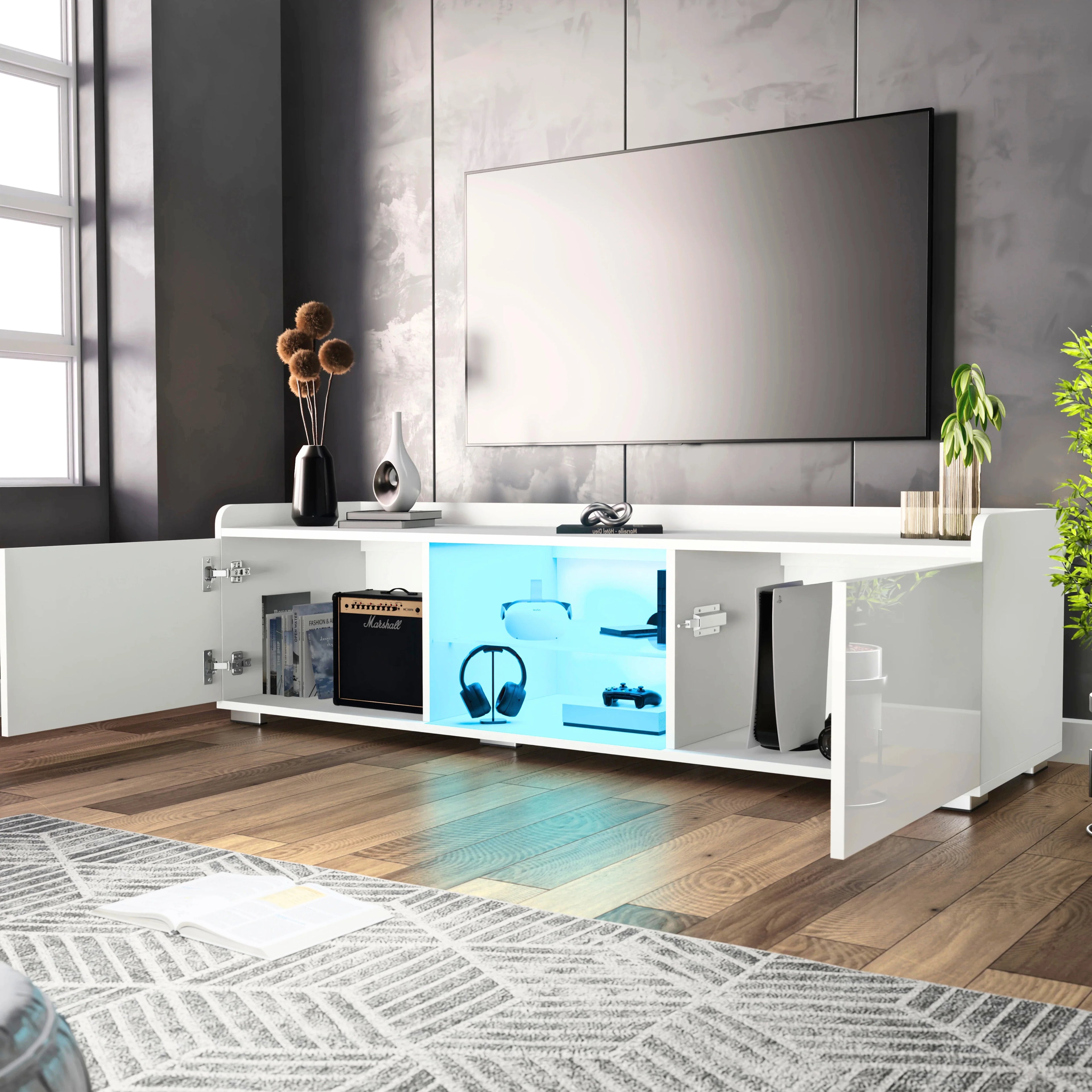 High Gloss LED TV Unit with Storage - Living Room TV Cabinet 140cm