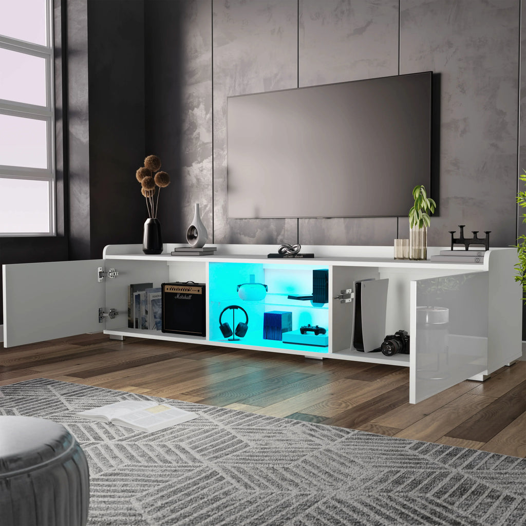 High Gloss TV Unit With LED Lights & 2 Door Storage Cabinets - 160cm