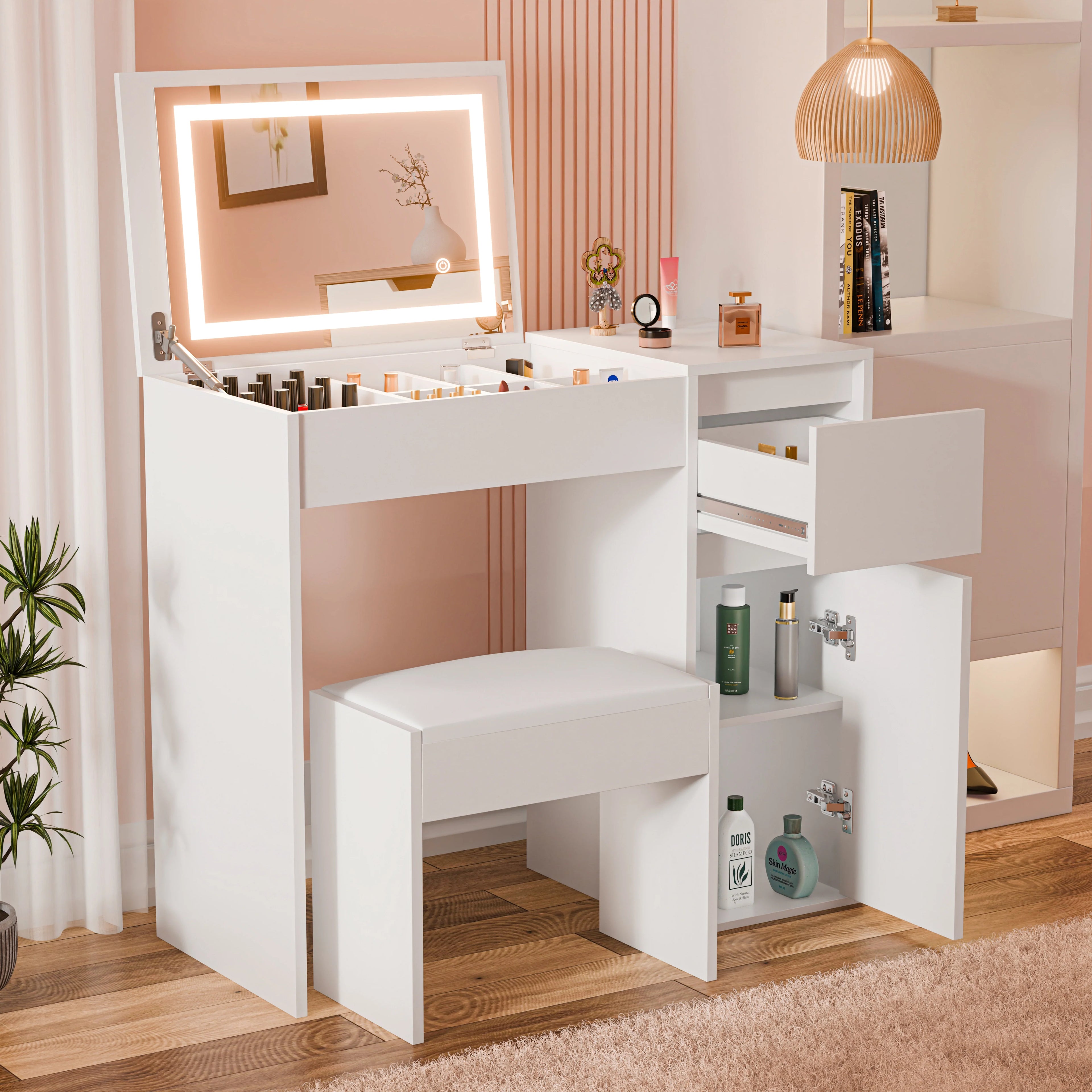 Small Dressing Table with Mirror and Lights, Stool -Makeup Vanity Desk
