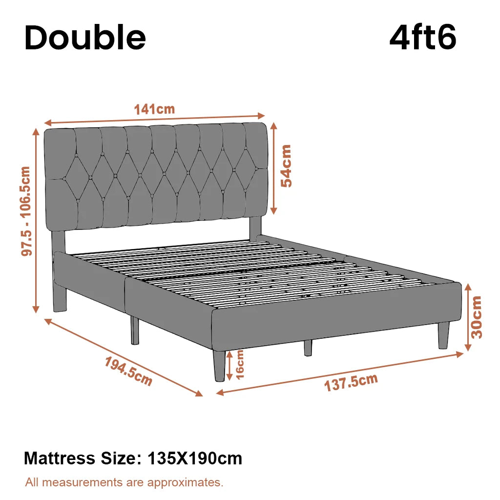 Velvet Bed Frame Double & King Size with Adjustable Headboard